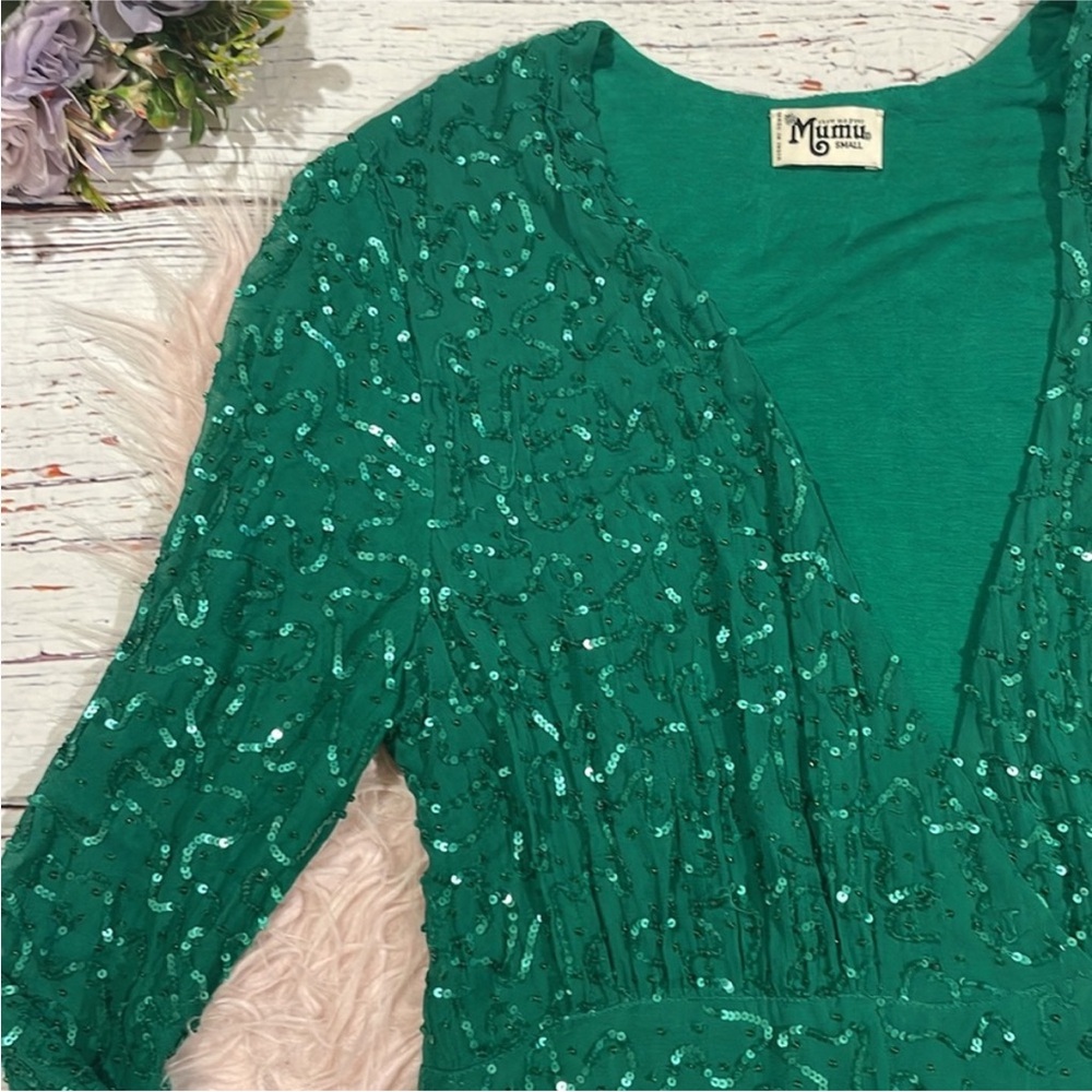 Show Me Your MuMu Phyllis Emerald Beaded Sequins Wrap Mini Dress - Picture 12 of 12